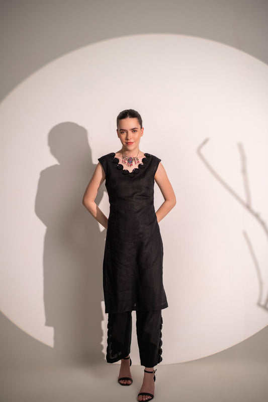 LINEN BLACK SUIT SET WITH LACE