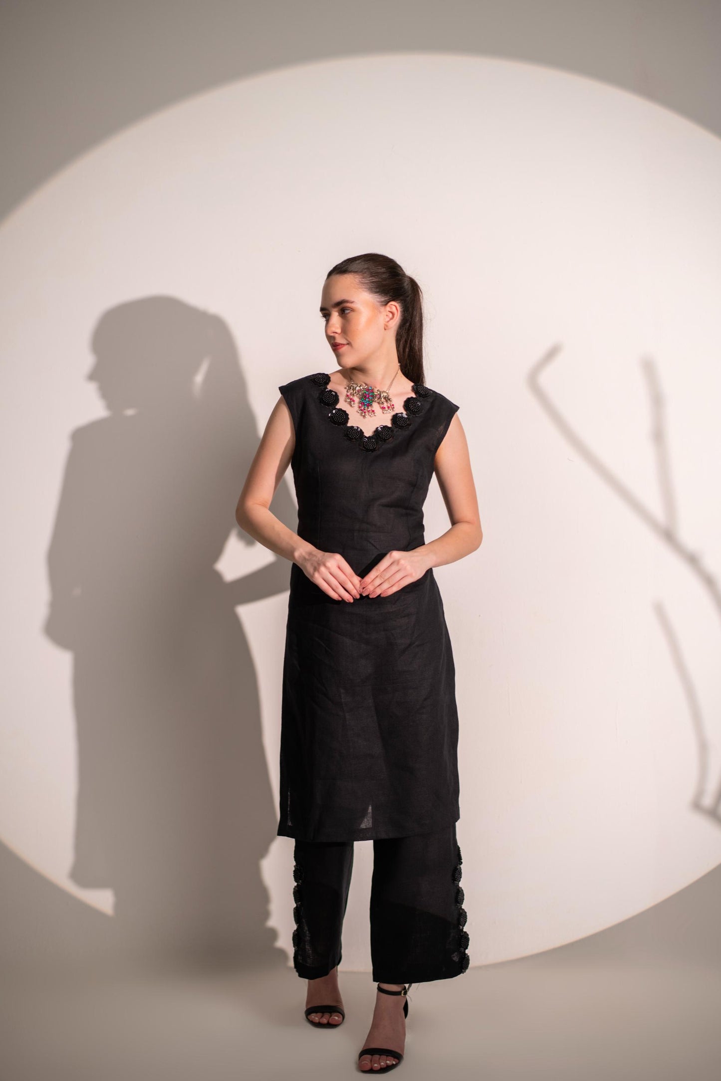 LINEN BLACK SUIT SET WITH LACE
