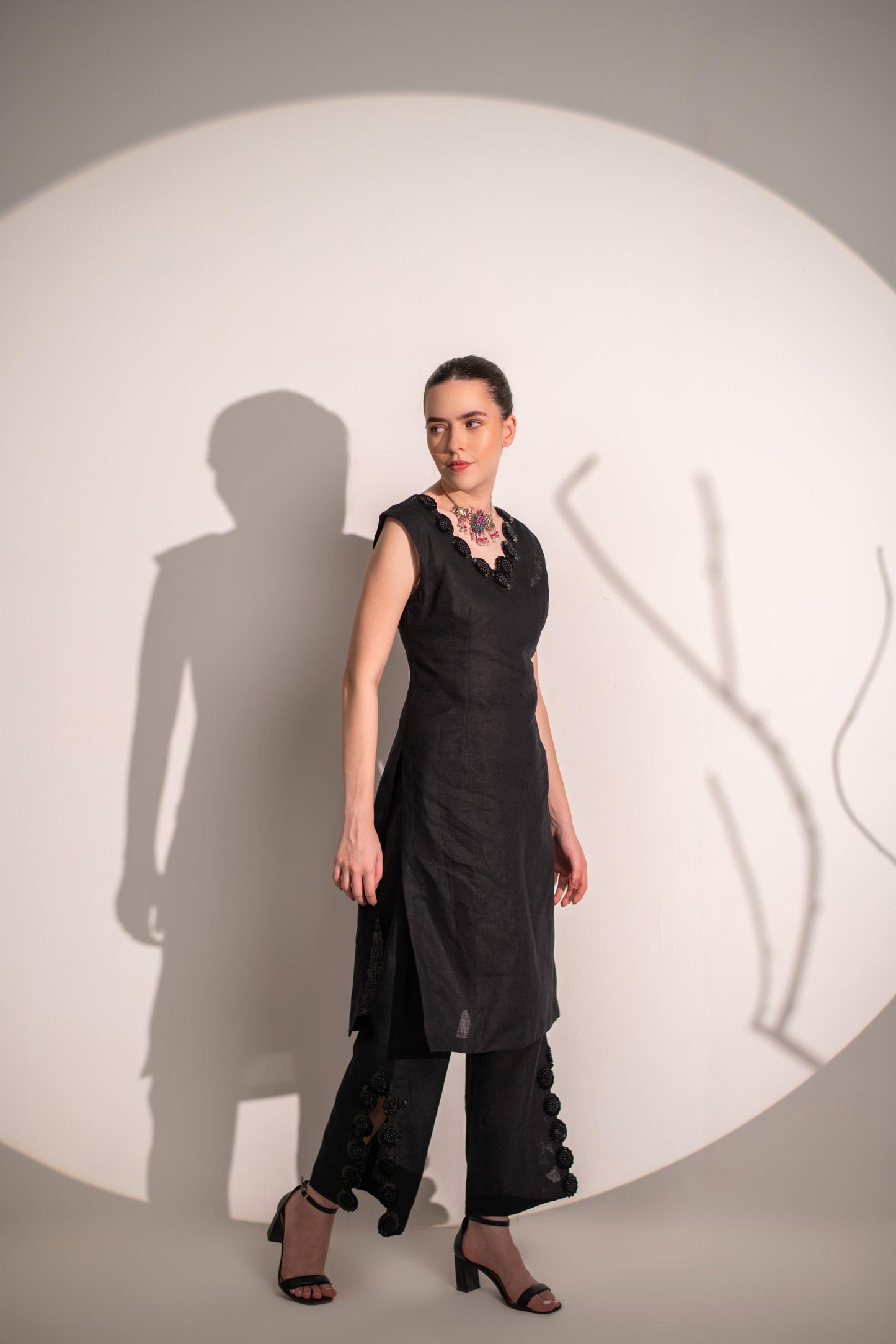 LINEN BLACK SUIT SET WITH LACE