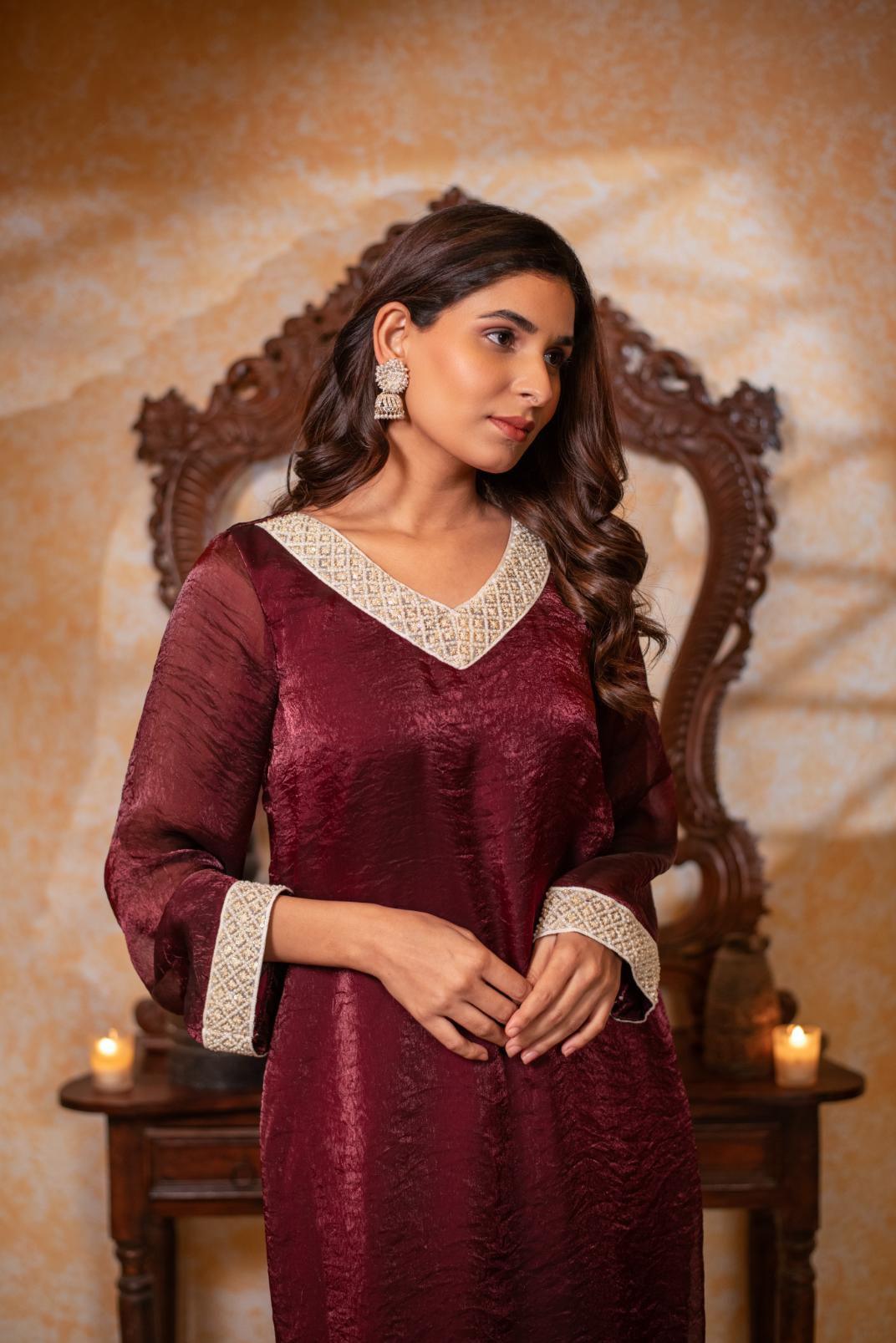 MAROON LONG KURTI SET