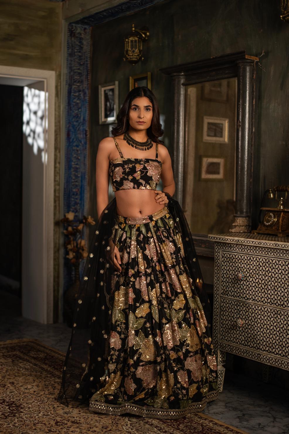 BLACK SEQUENCE MULTI COLOUR LEHENGA