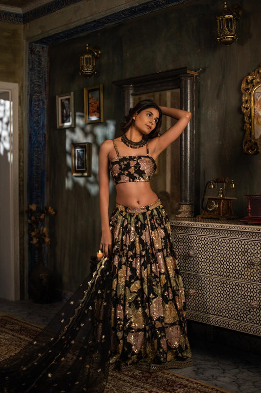 BLACK SEQUENCE MULTI COLOUR LEHENGA