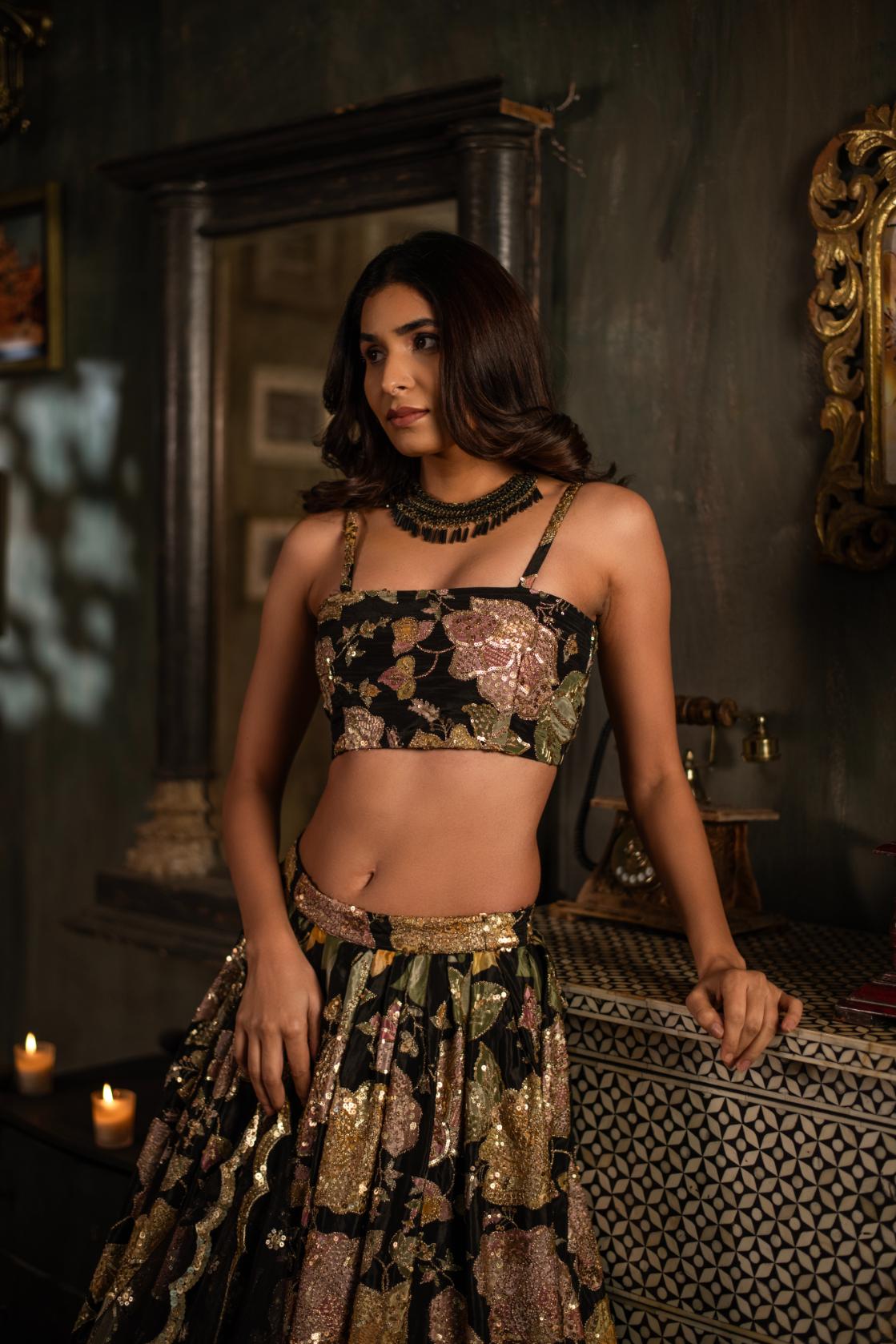 BLACK SEQUENCE MULTI COLOUR LEHENGA