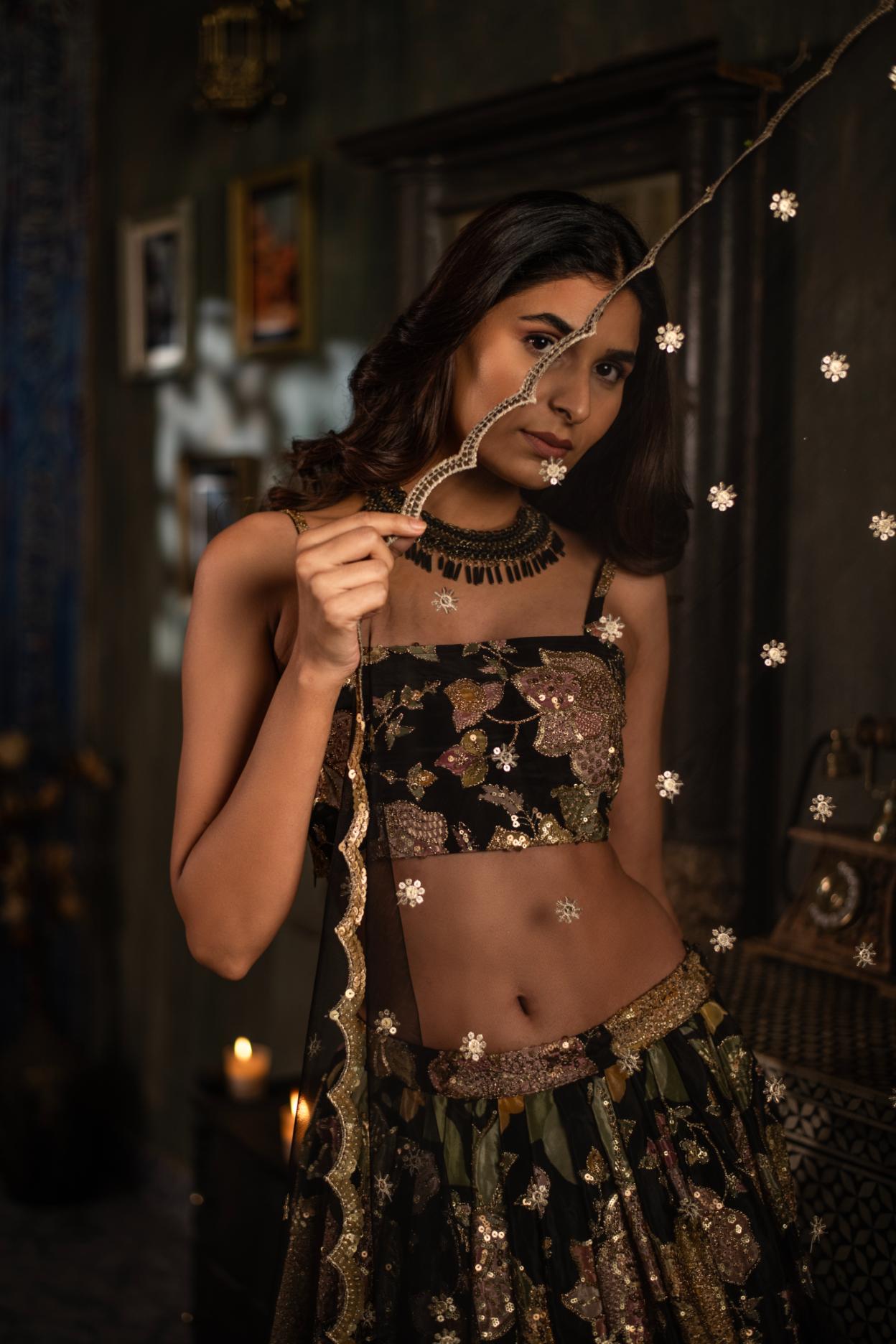 BLACK SEQUENCE MULTI COLOUR LEHENGA