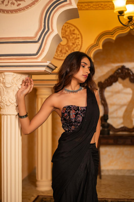 BLACK MODERN SAREE WITH BLOUSE