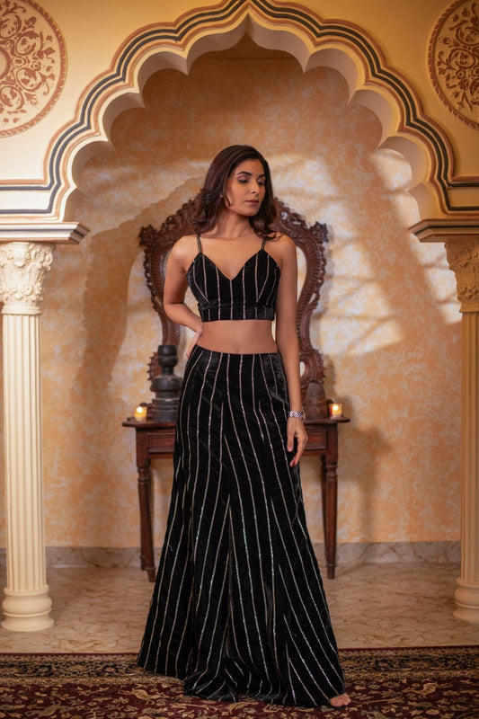 BLACK STRIPED CROP TOP & SKIRT